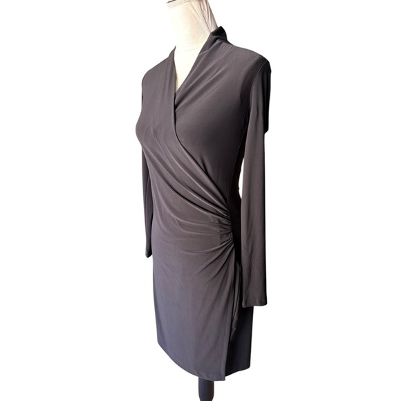 Norma Kamali Black Faux Wrap Gathered Side Drape L/S Knee Length Dress -XS - Picture 4 of 7